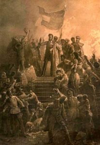 March15 image of a painting by the Hungarian artist mihály zichy's that shows revolutionary sándor petőfi reciting the nemzeti dal to a crowd on march 15, 1848.