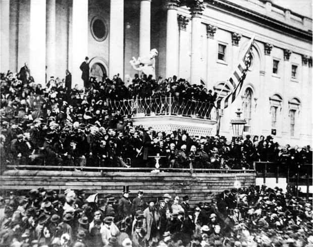 Photo of the second inaugural address of Abraham Lincoln, given on 4 March 1865 on the east portico of the U.S. Capitol, taken in 1865.