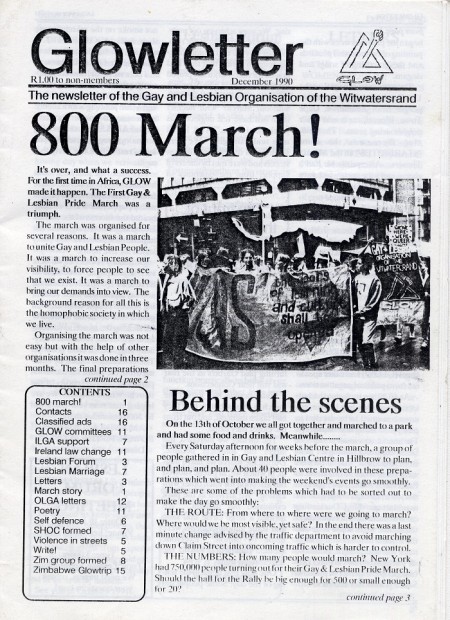 GLOW newsletter from December 1990, two months after the first pride march on the African continent.