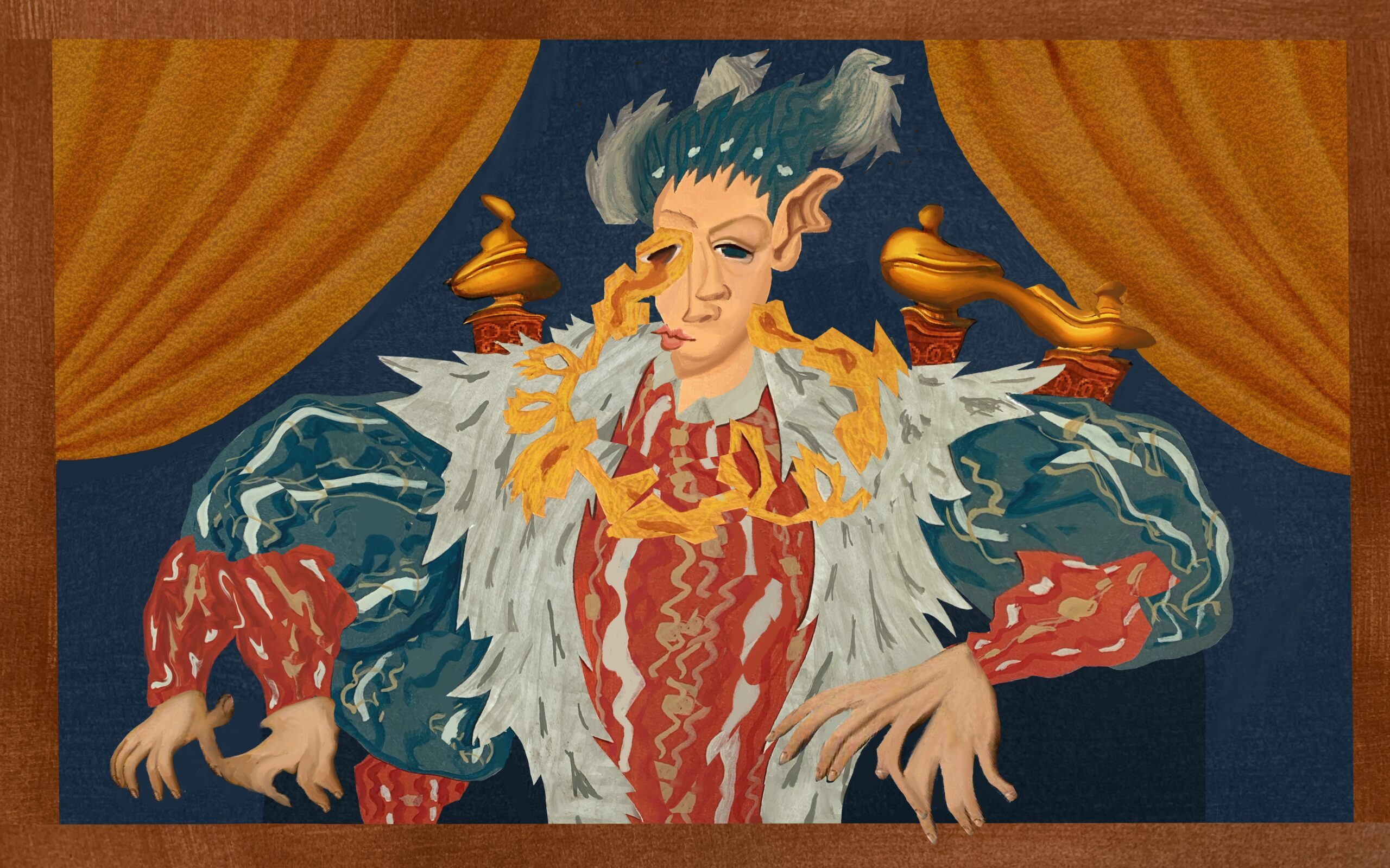 A colourful illustration depicting a lavishly dressed king sitting in a gold throne. Everything about the scene is slightly warped, for example, the king's face is slumped and he has several noses. He also has two hands at the ends of each of his arms.