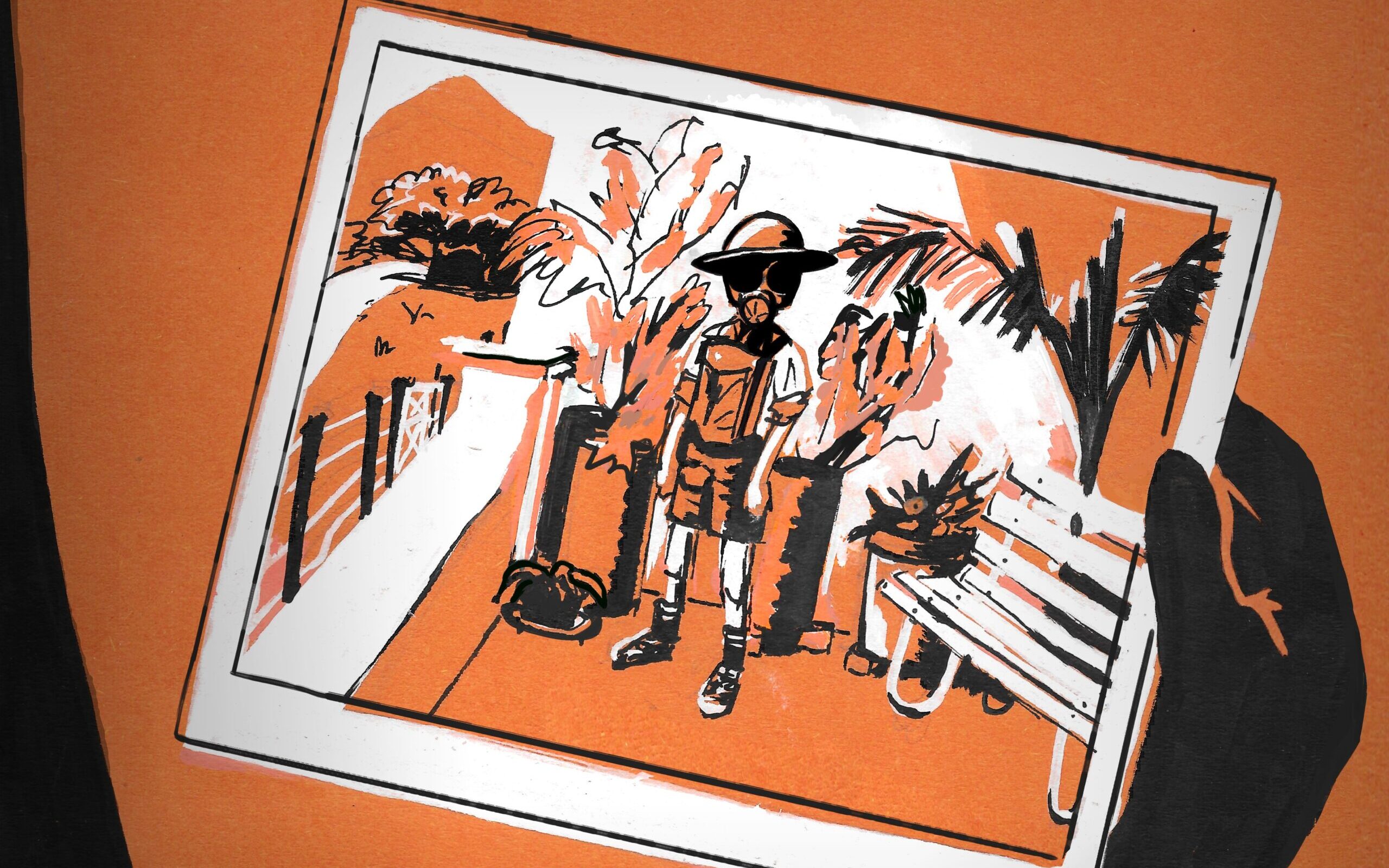 An illustration depicting a black hand against a vibrant orange background holding up a white, orange and black image. The image shows a child wearing a gas mask standing in front of some palm trees and a bench.