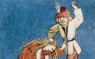 Medieval illustration depicting a man raising his hand to hit a woman whose hair he is grabbing.