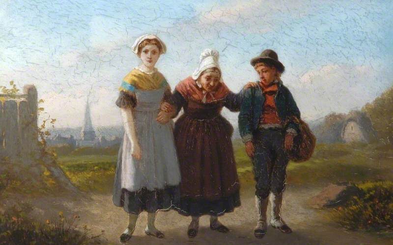 Painting in which an older woman walks between a younger woman and a younger man, resting her hands on them for support. They wear period dress and are outdoors in the countryside.