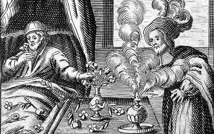 A black and white engraving from the mid-17th century. It depicts a man lying in bed smelling some flowers whilst another man stands by his bedside lighting some incense.