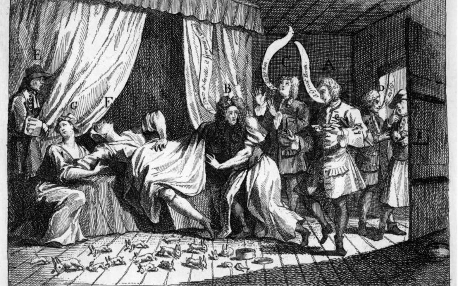 An 18th-century black-and-white engraving depicting a chaotic indoor scene around a four poster bed. A woman is lying on her back in labour surrounded by other men and women assisting her. On the floor directly in front of her are dozens of small rabbits.