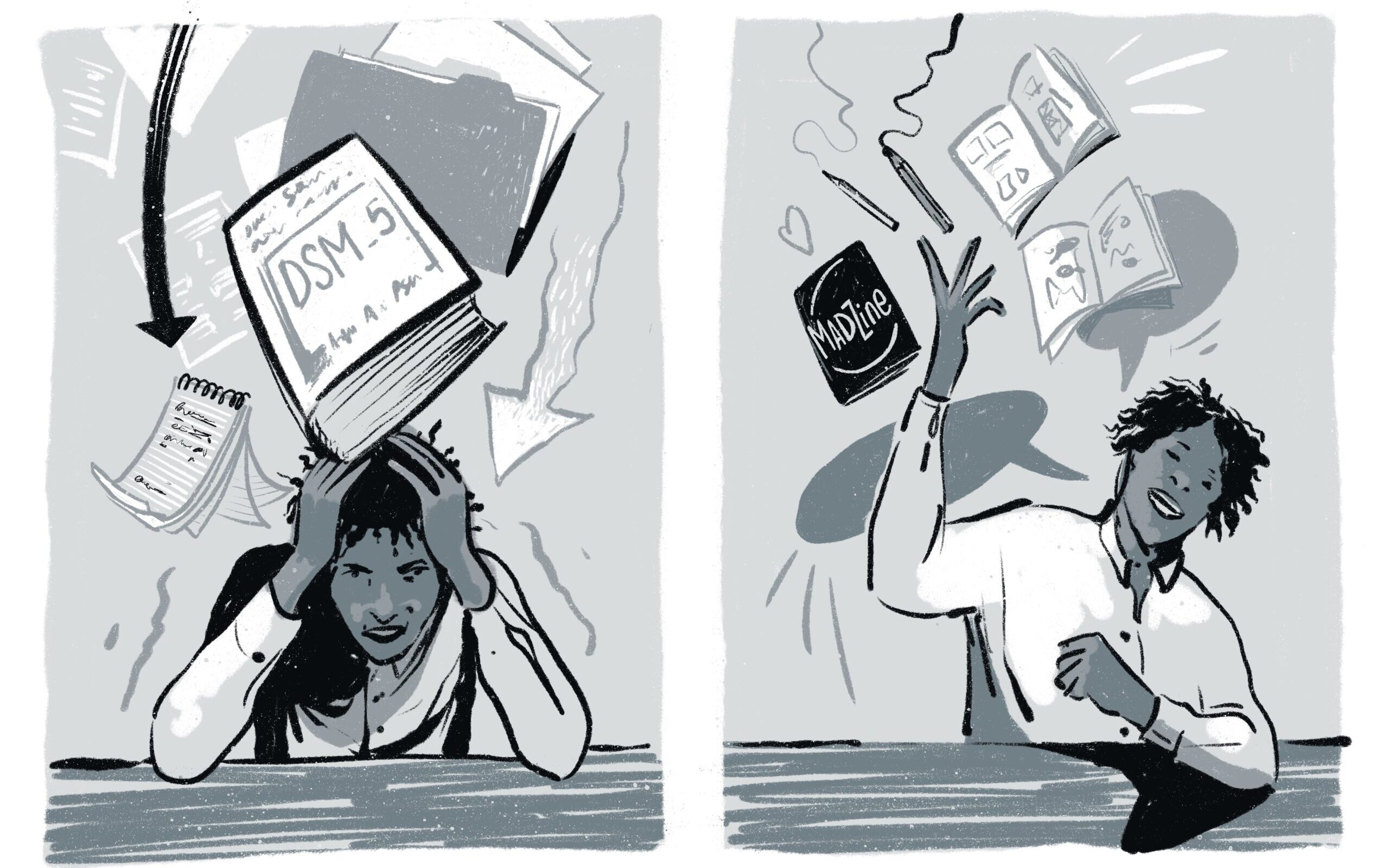 A split black and white illustration depicting two people both seated at separate desks. On the left, a despairing woman shields herself from multiple psychiatric textbooks swirling around her head. On the right, a man is also surrounded by floating pamphlets but he is smiling as he reaches towards one labelled as a MadZine.